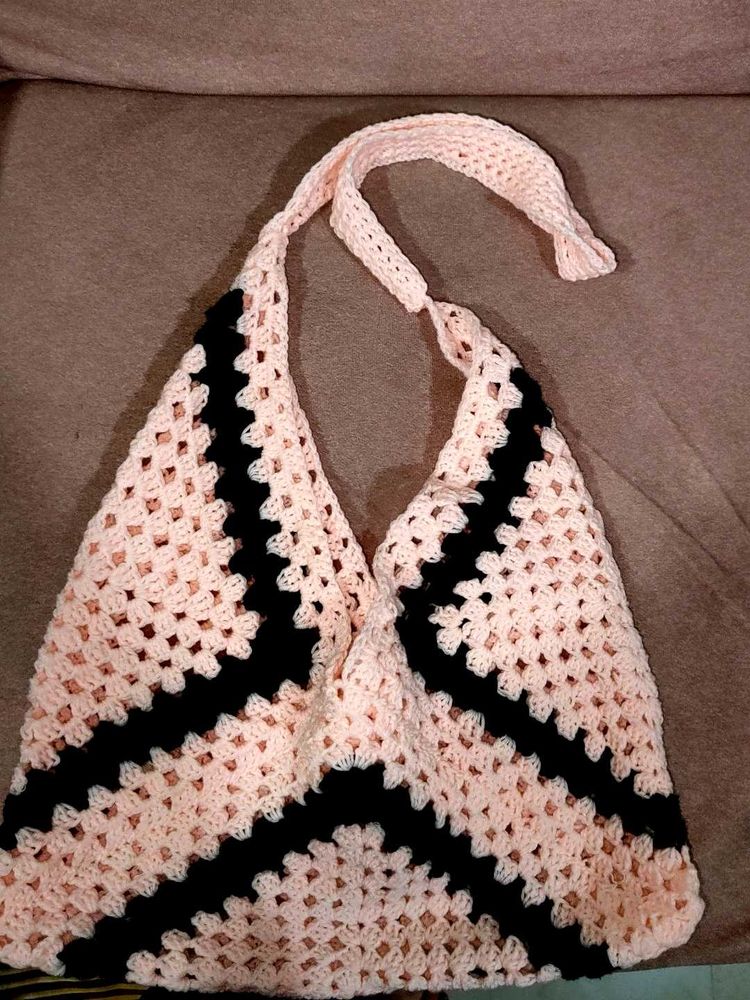 Crocheted Pink &amp; Black Tote Bag