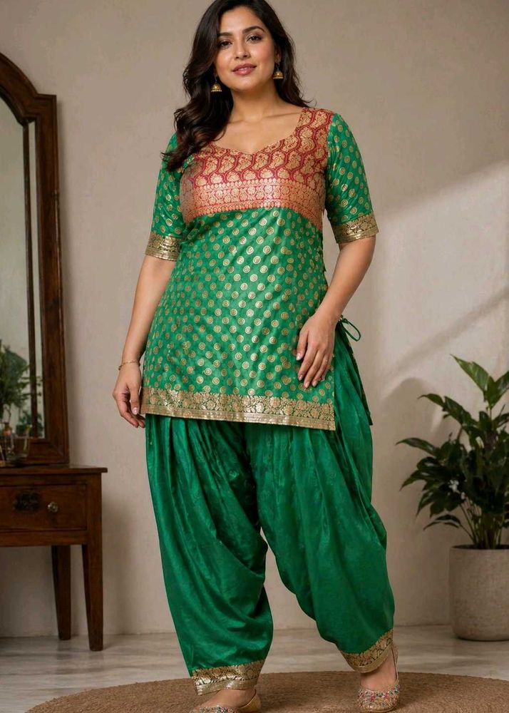 Beautiful Green Banarasi Patiala Kurta