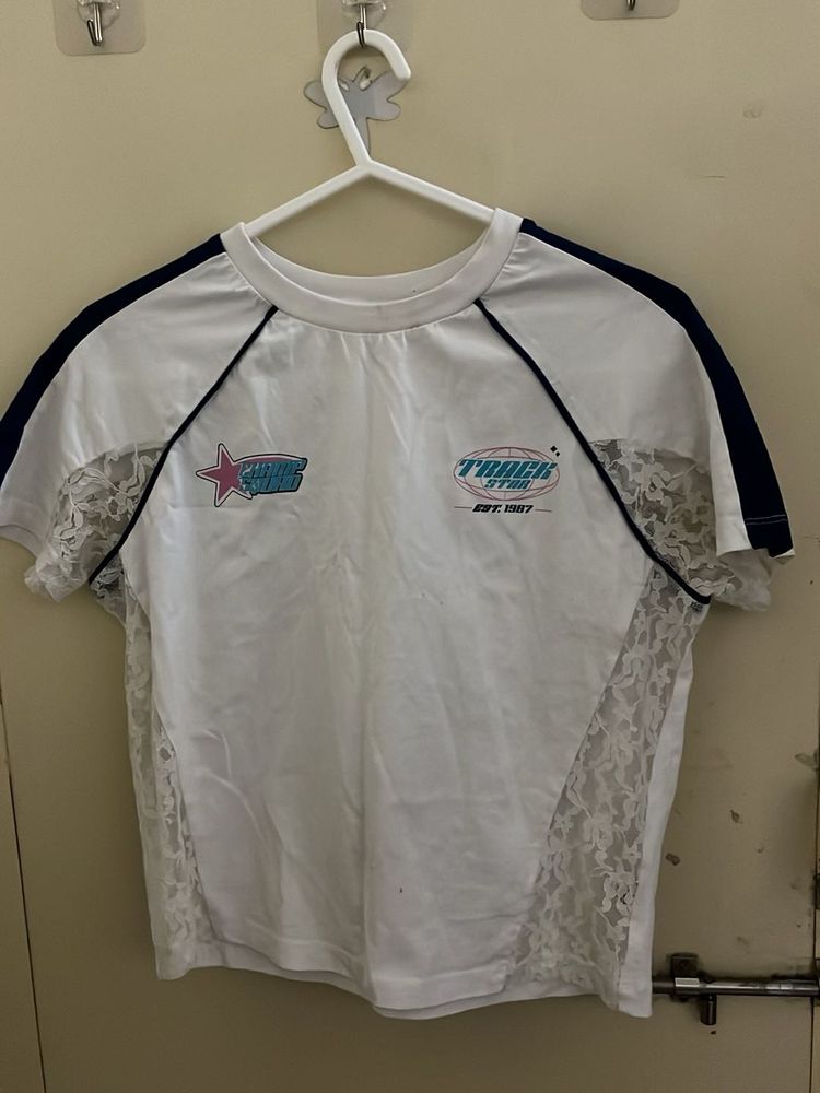 Track Star White Lace Trim T-Shirt