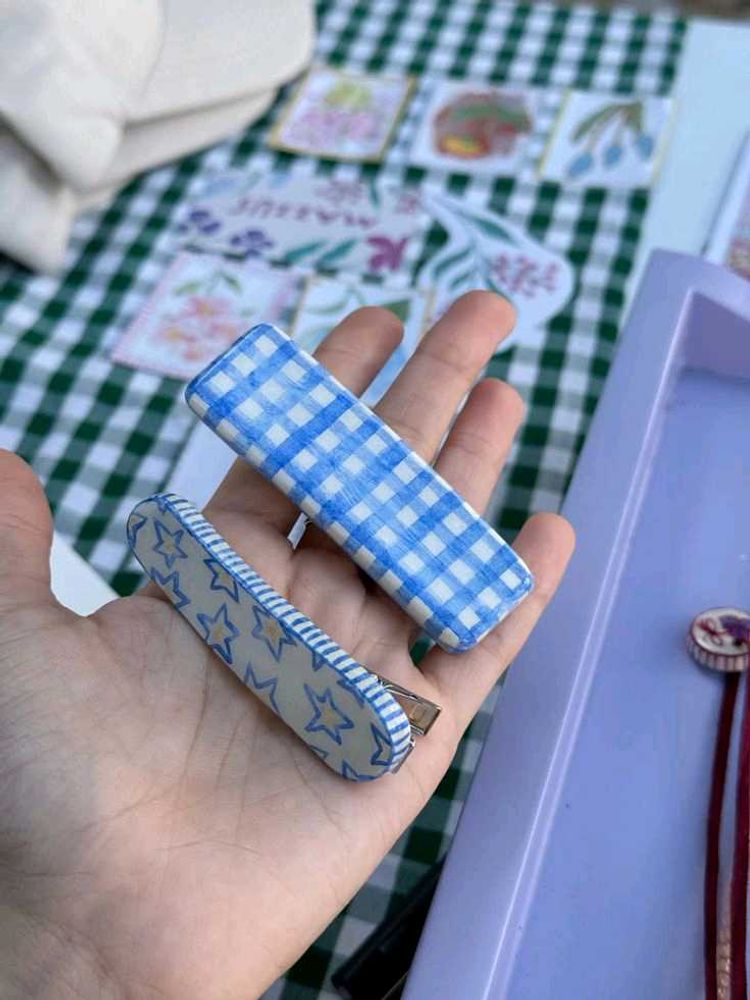 Cute Blue Gingham &amp; Star Hair Clips