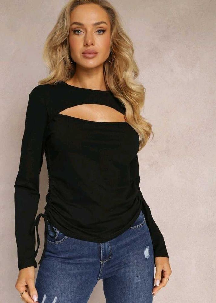 Black Cutout Ruched Long Sleeve Top