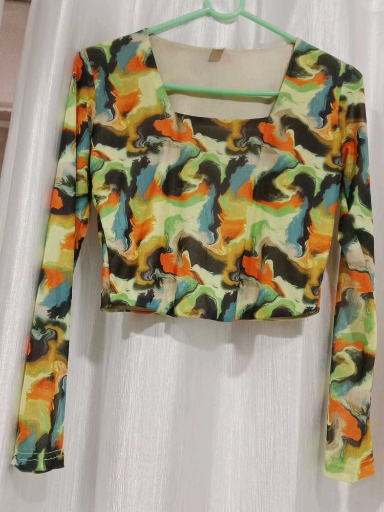 Abstract Print Long Sleeve Crop Top