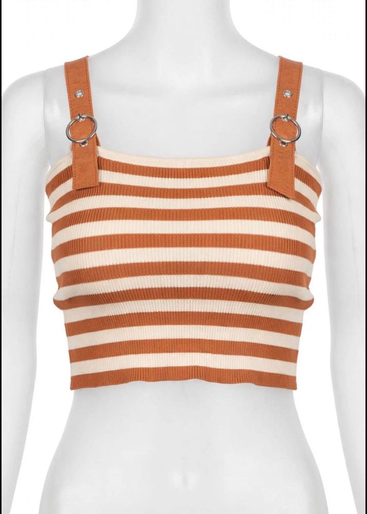 Striped Ribbed Crop Top with Ring Detail