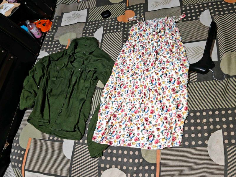 Floral Print Maxi Dress &amp; Green Shirt