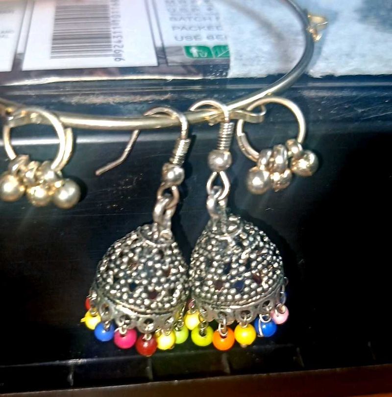 Boho Jhumka Earrings with Multicolor Beads
