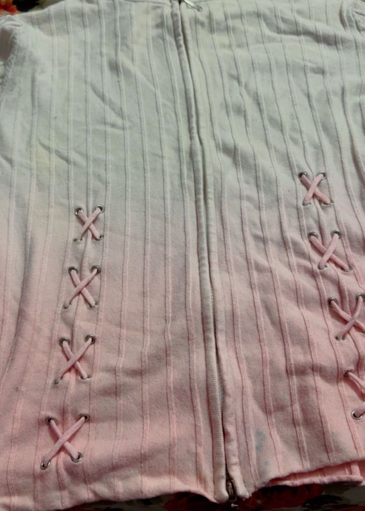 Pink Lace-Up Zip-Up Jacket