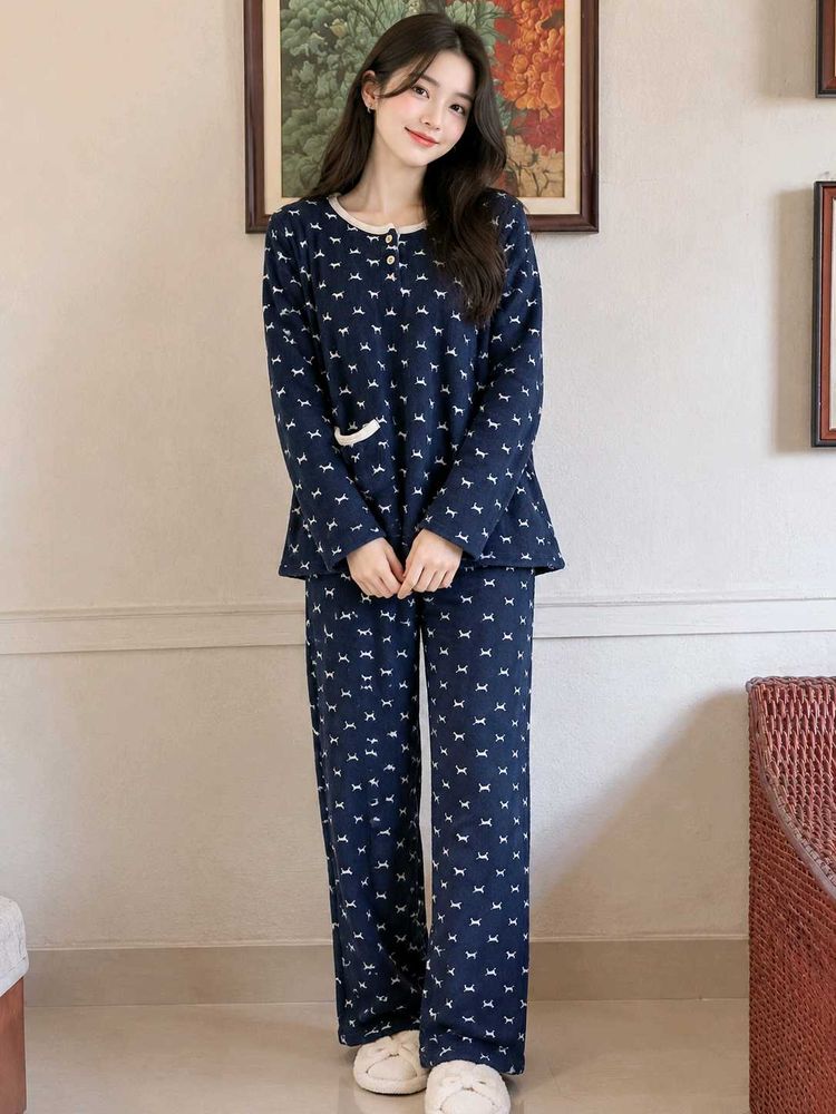 Cute Navy Dog Print Pajama Set