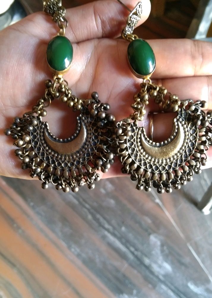 Boho Green Stone Chandbali Earrings
