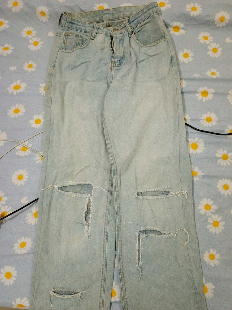 Light Wash Ripped Wide Leg Jeans