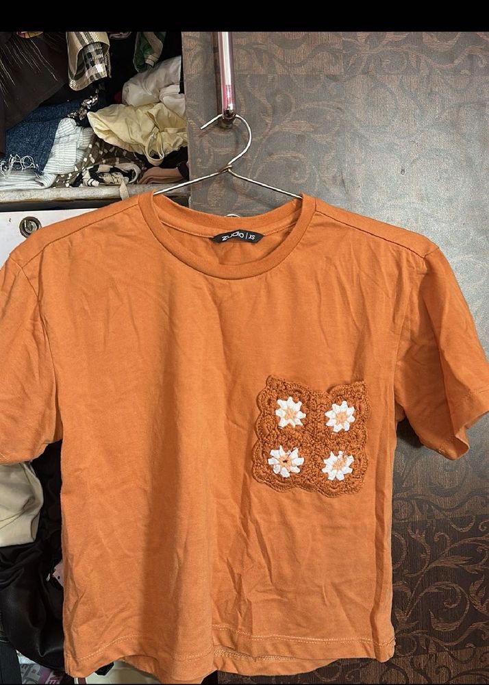 Orange Crocheted Pocket T-Shirt
