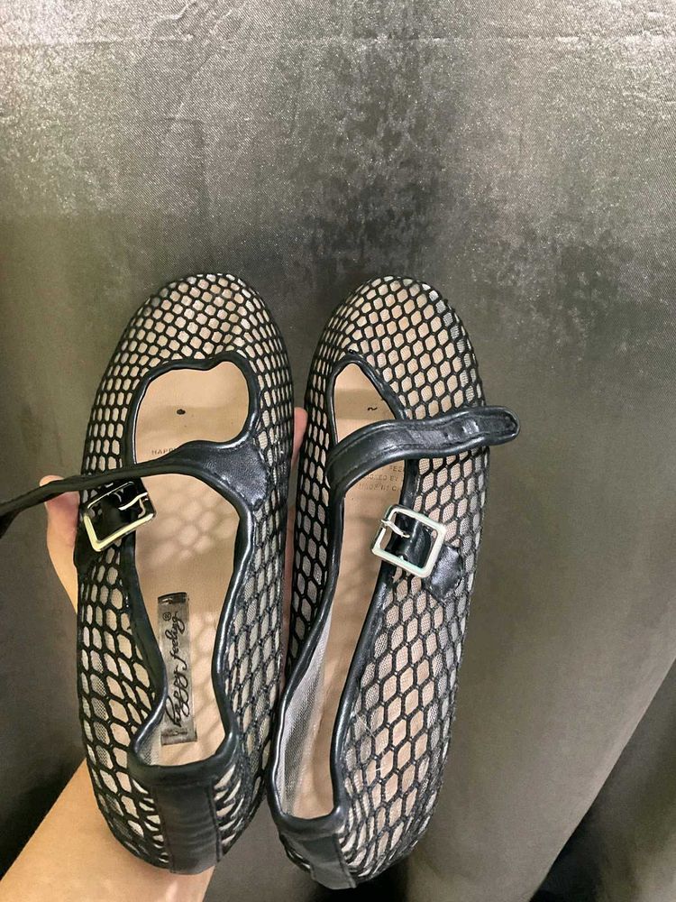 Black Mesh Ballet Flats with Buckle