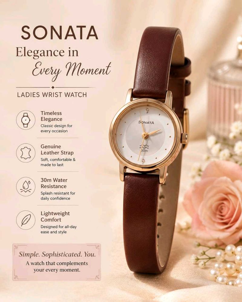 🍒575 2DAY-Sonata Ladies watch Brown Leather Stra