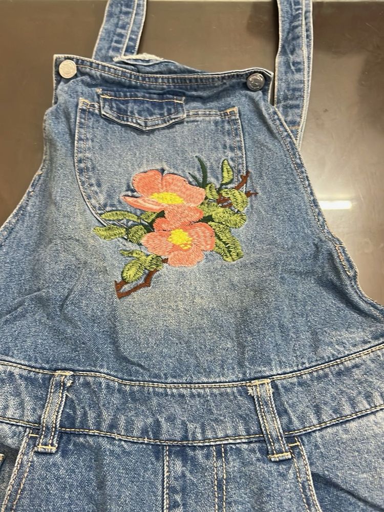 Floral Embroidered Denim Overalls
