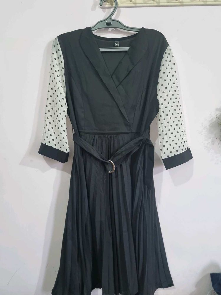 Black  Midi Dress with Polka Dot Design Sleeves