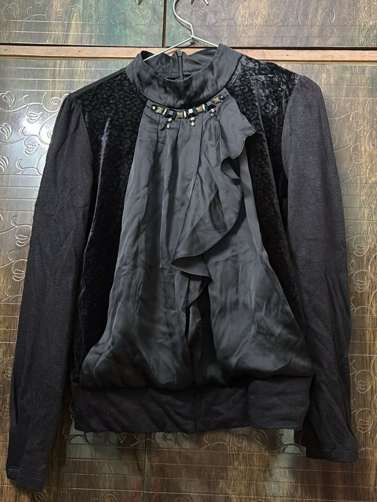 Ruffled Embellished black velvet satin winter top