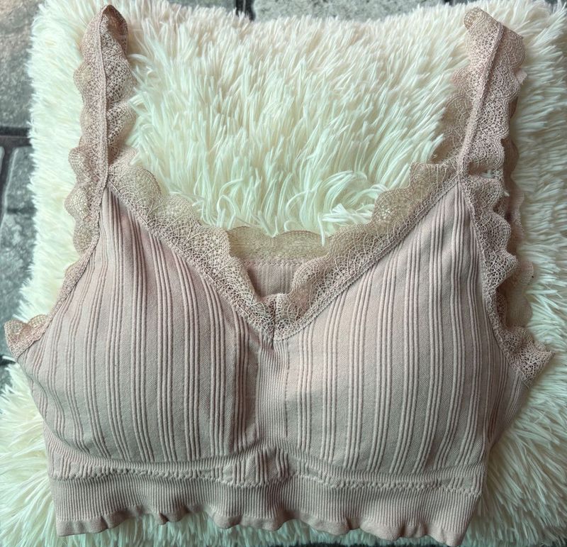 Peach Lace Trim Ribbed Bralette