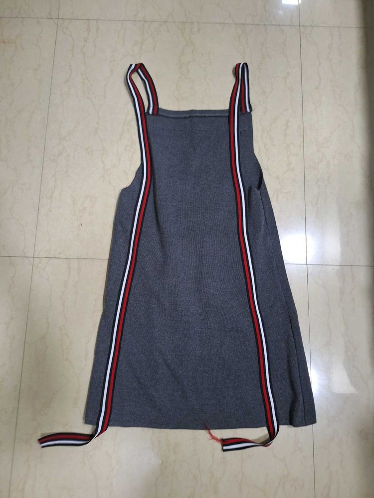 Grey Pinafore Dress with Sporty Stripes