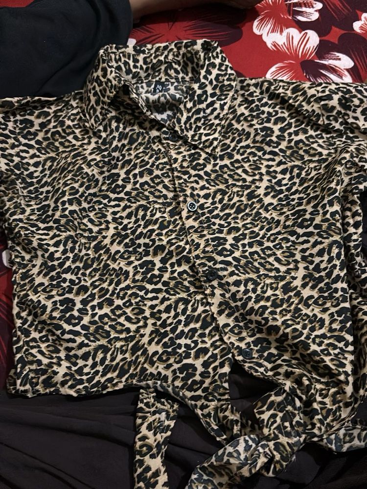 Leopard Print Button-Up Tie Front Top