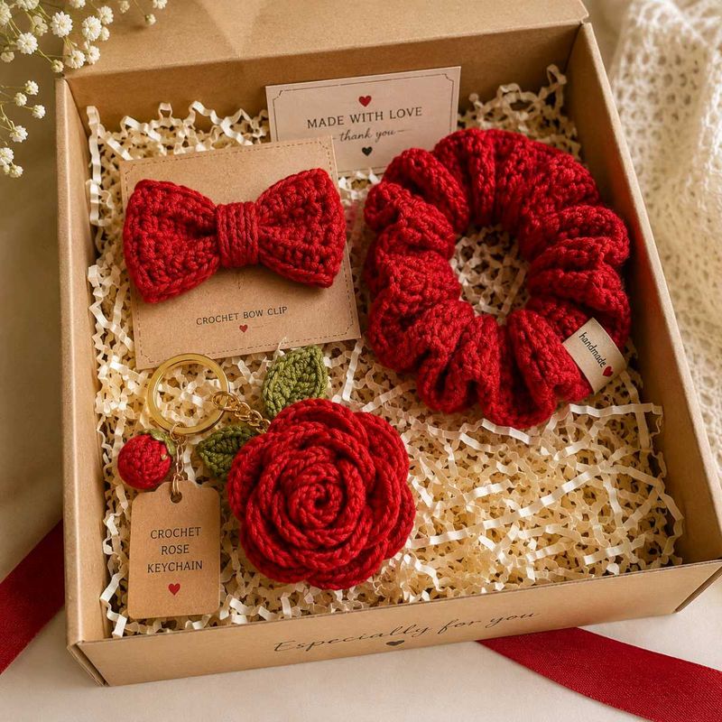 Handmade Crochet Red Rose Gift Set
