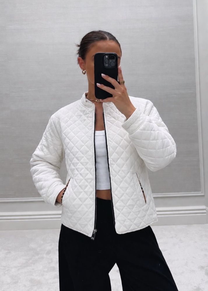 White Quilted Bomber Jacket
