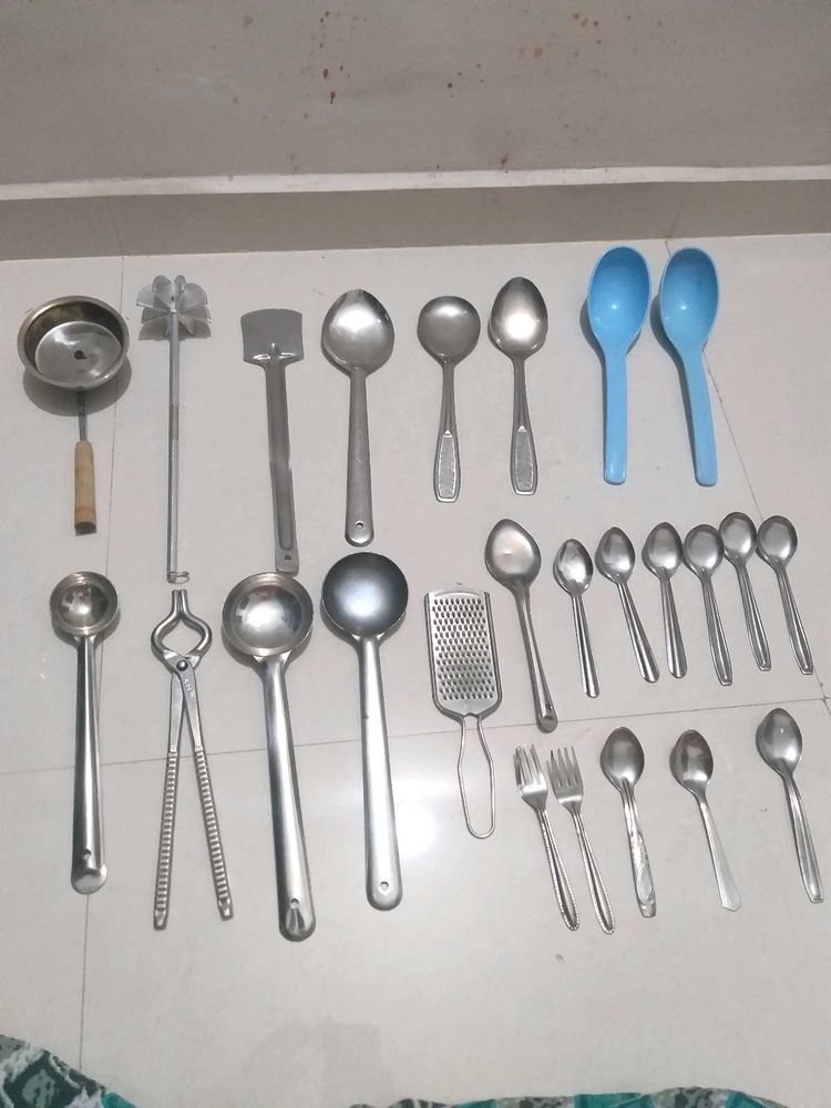 Kitchen Spoons Combo, Steel Sanshi Grater Dhupiyu