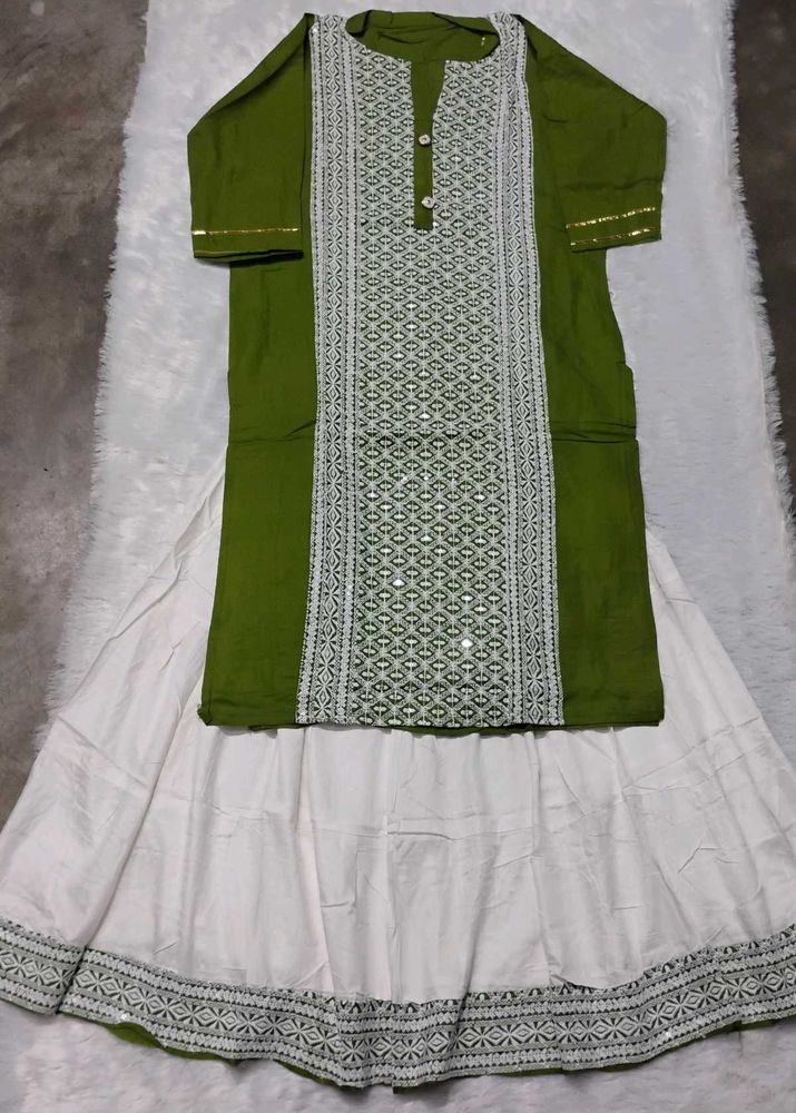 Green &amp; White Embroidered Lehenga Choli