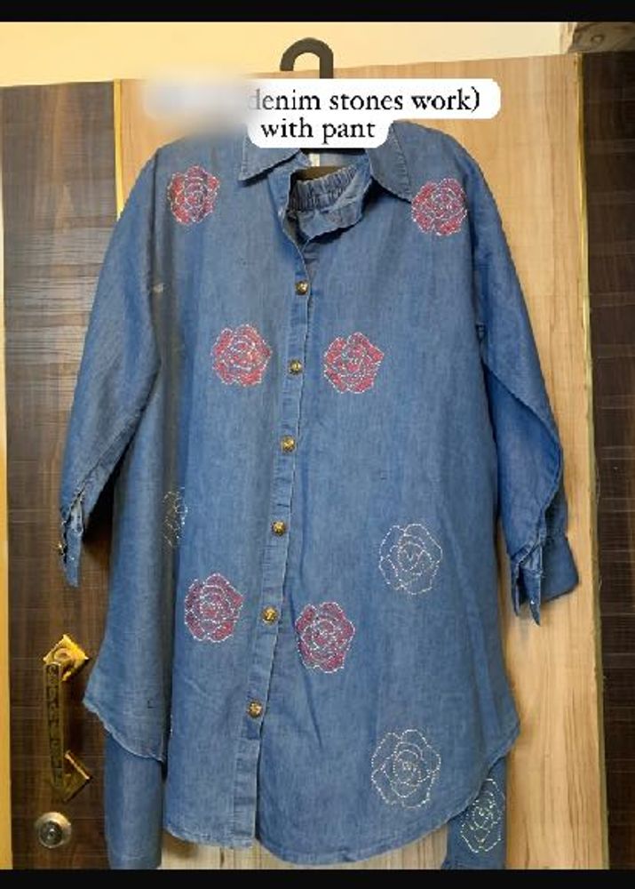 Denim Kurta Set with Rose Work
