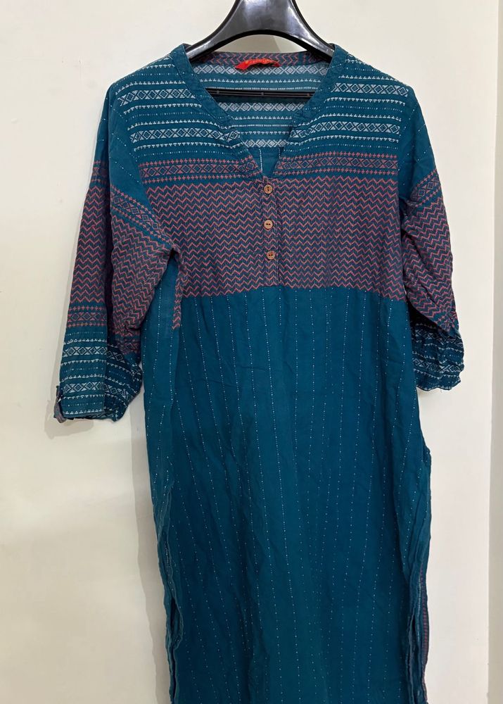 Teal Printed V-Neck Kurta