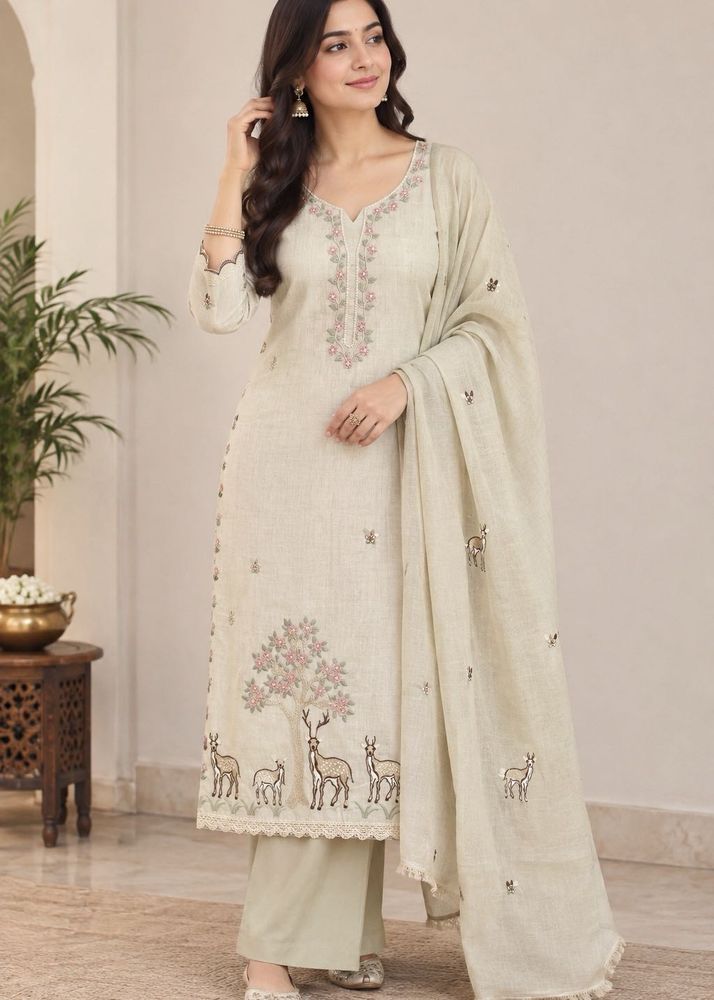 Embroidered dress material with Deer Motif
