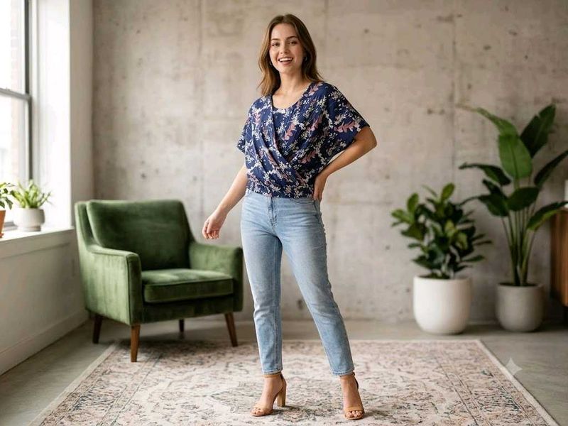 Stylish Blue Floral Draped Top