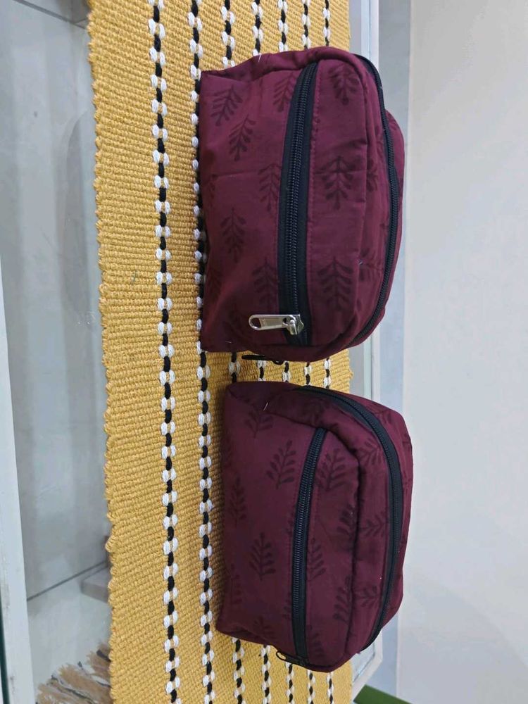 Set of 2 Burgundy Leaf Print Pouches