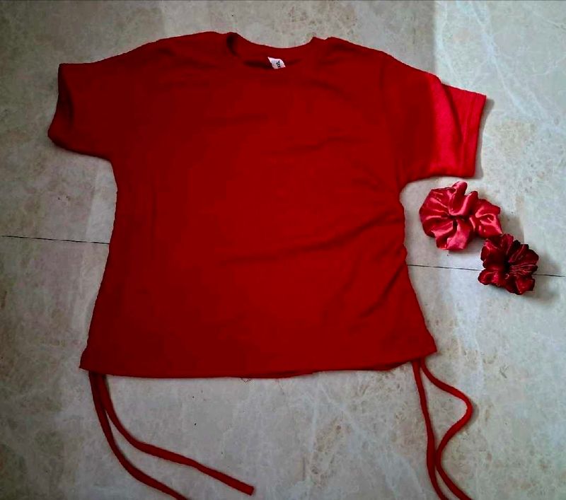 Red Ruched Drawstring T-Shirt