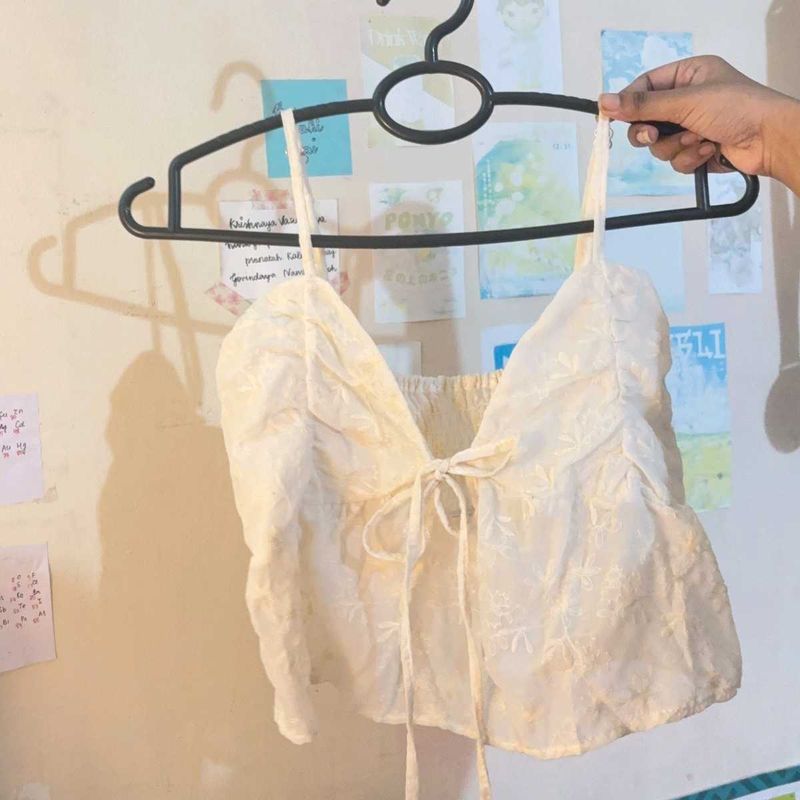 Cream Embroidered Tie-Front Crop Top