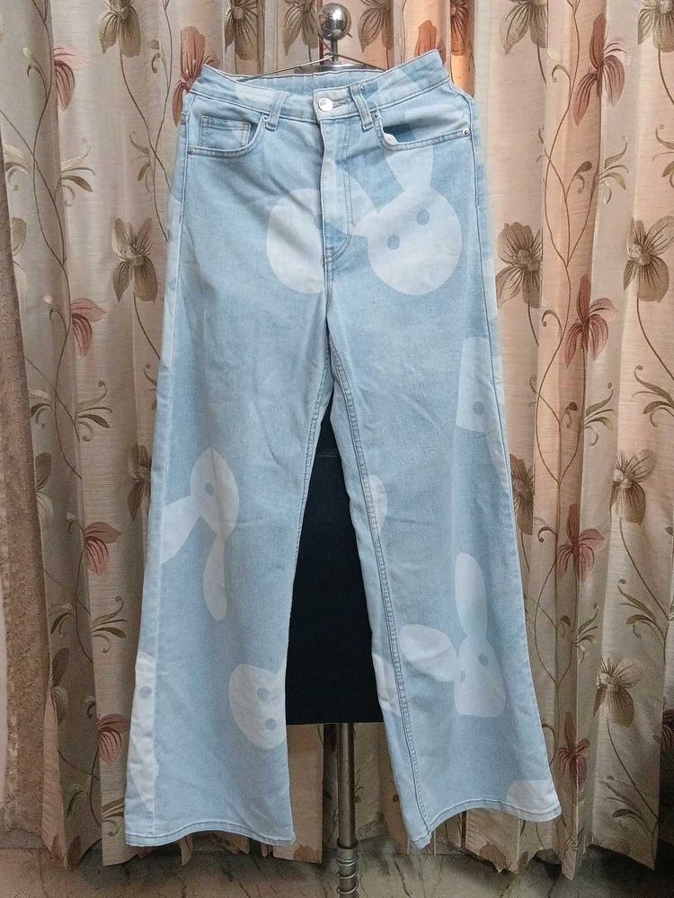 Cute Bunny Print Wide Leg Jeans