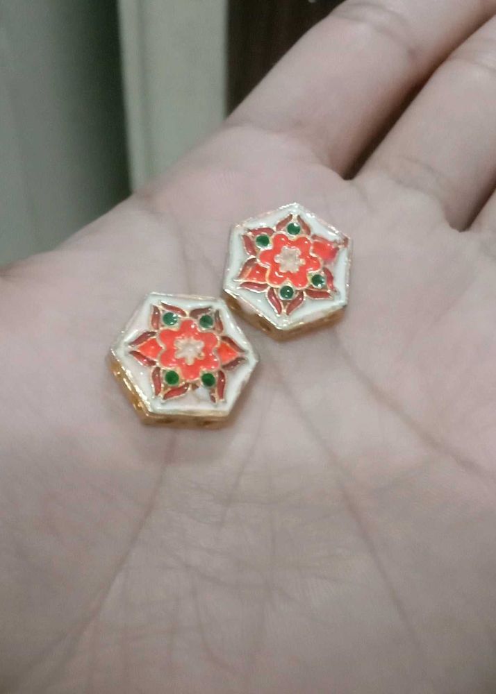 Floral Enamel Stud Earrings - Gold Tone