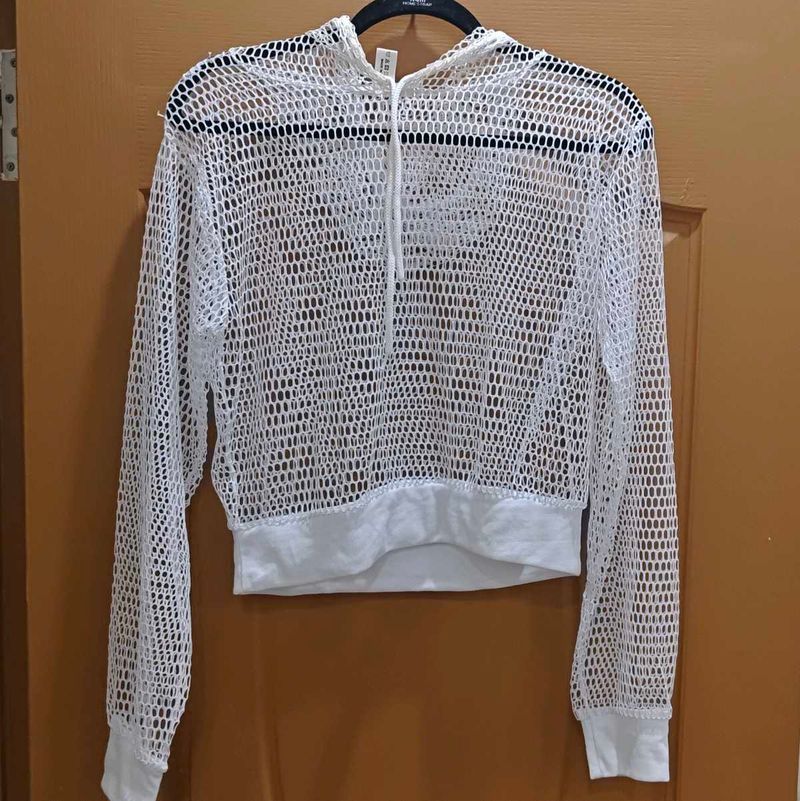 Y2K White Fishnet Mesh Cropped Hoodie | XL
