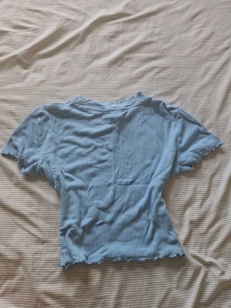 Light Blue Ribbed Lettuce Hem Top
