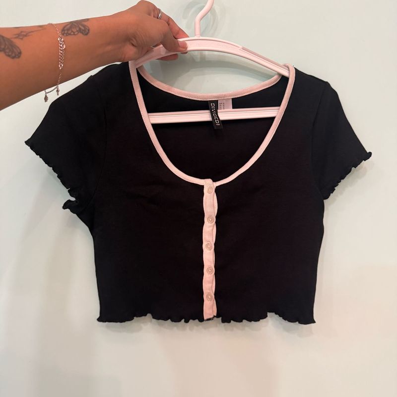 Black Cropped Top with Cream Trim