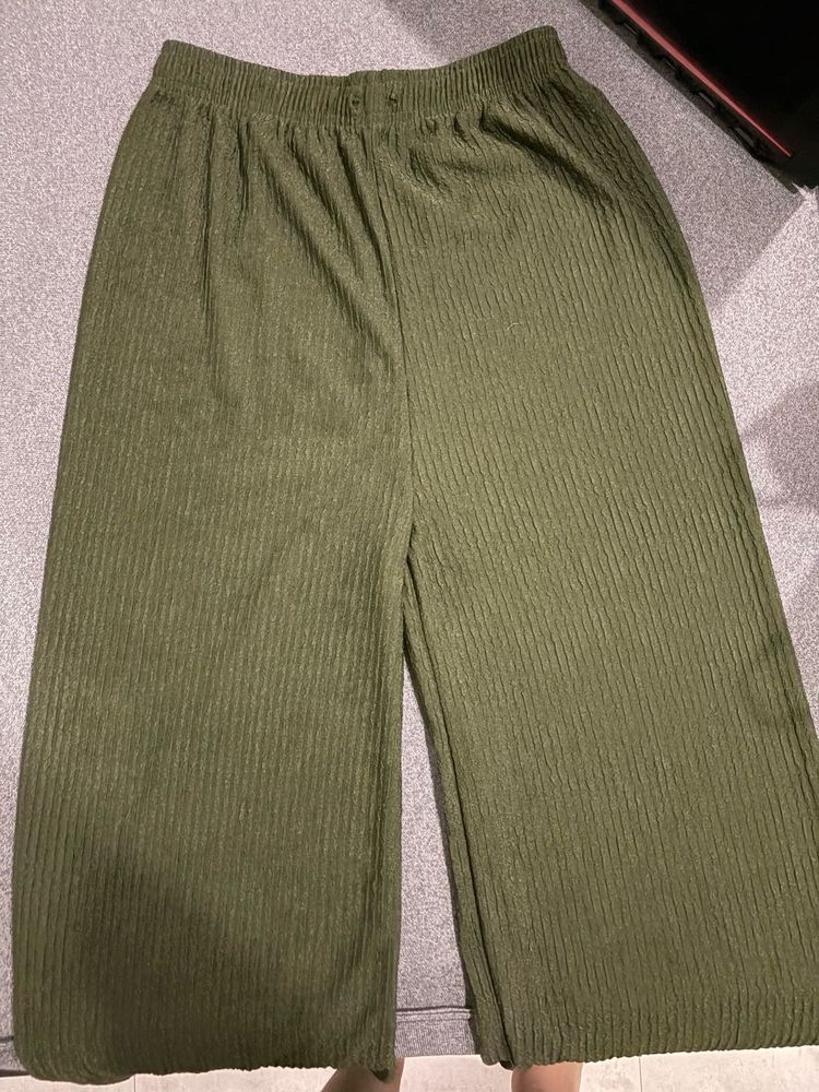 Olive Green Ribbed Wide Leg Pants
