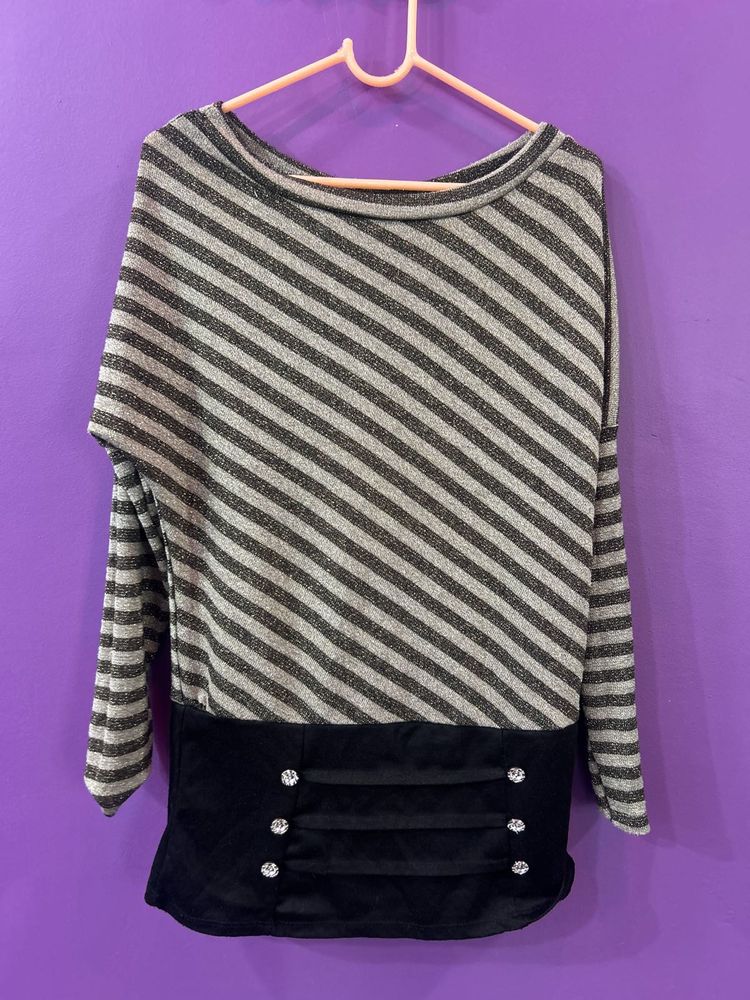 Striped Long Sleeve Top with Embellished Detail