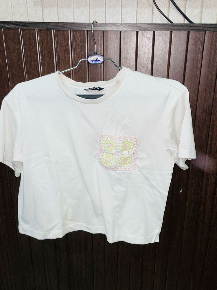 White Cropped T-Shirt with Crochet Pocket