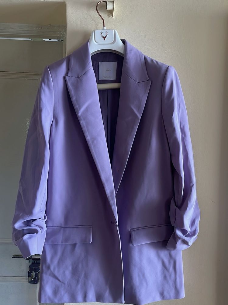 Mango Lilac Ruched Sleeve Blazer