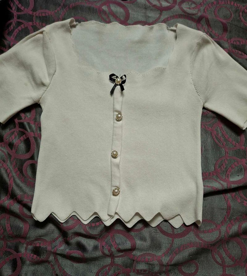 Chic Cream Bow Detail Button-Up Top