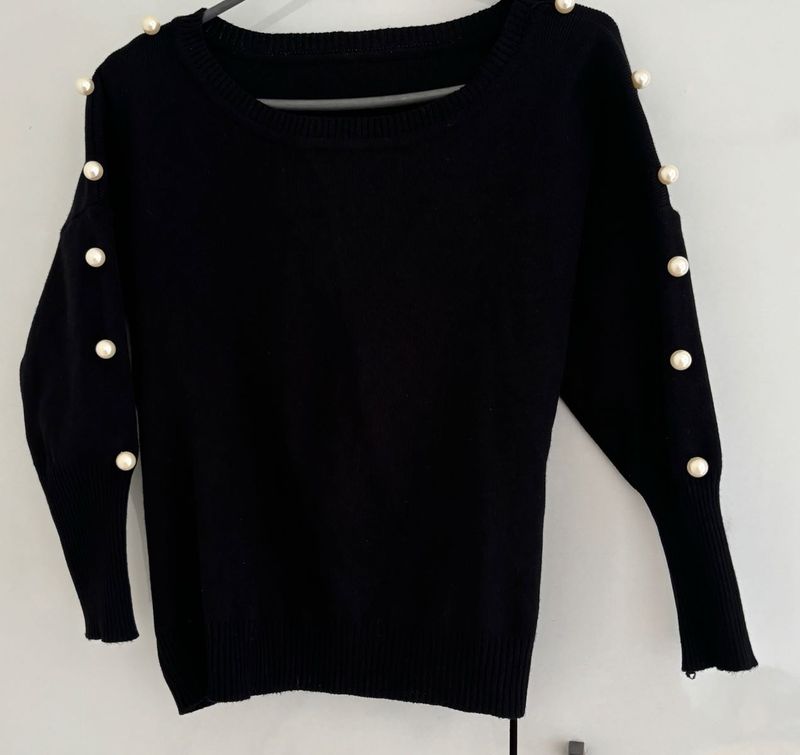 Elegant Black Pearl Embellished Sweater