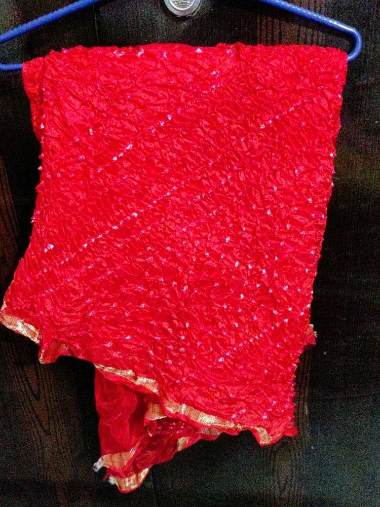Vibrant Red Bandhani Dupatta with Golden Border