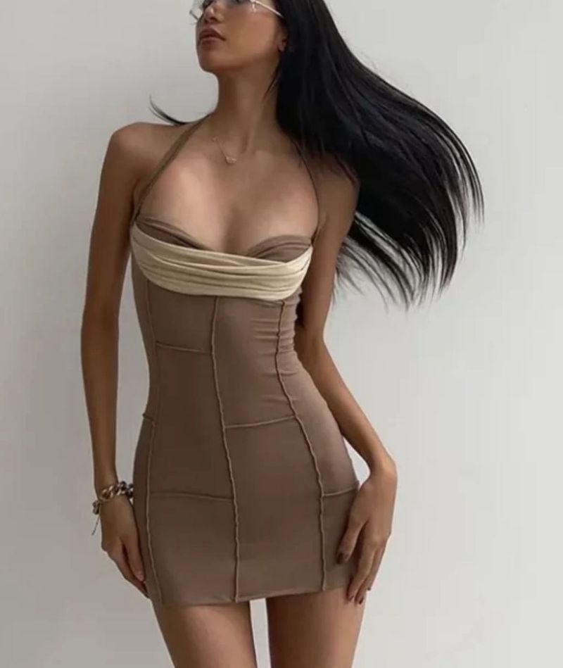 Chic Brown Halterneck Mini Dress
