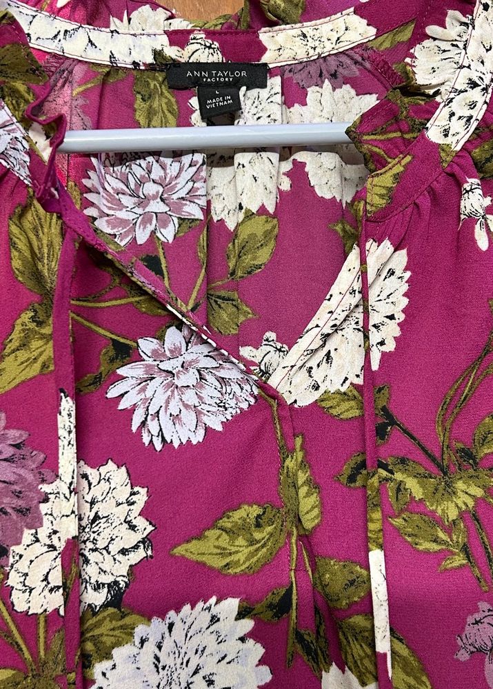 Ann Taylor Floral Print Tie-Neck Top