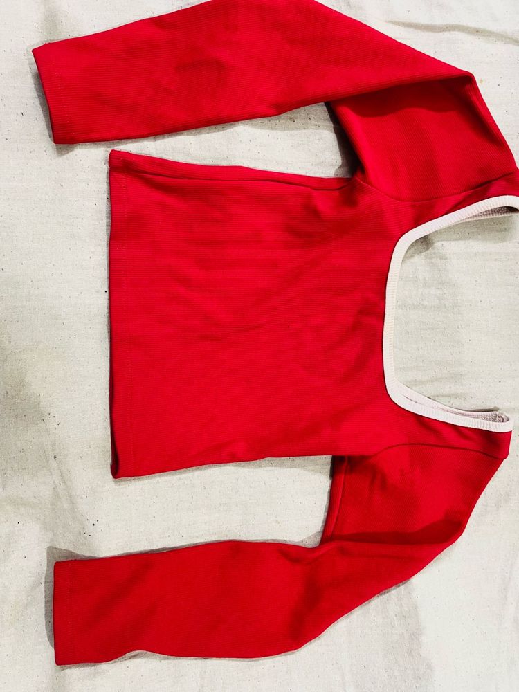 Red Square Neck Long Sleeve Top