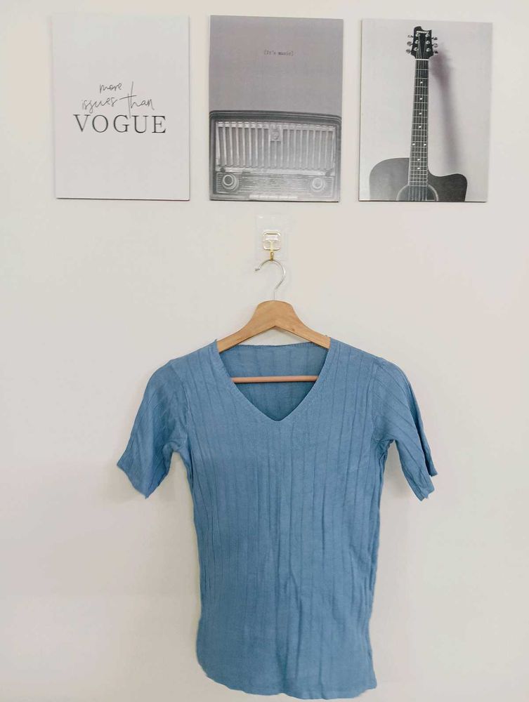 Light Blue V-Neck Ribbed Top