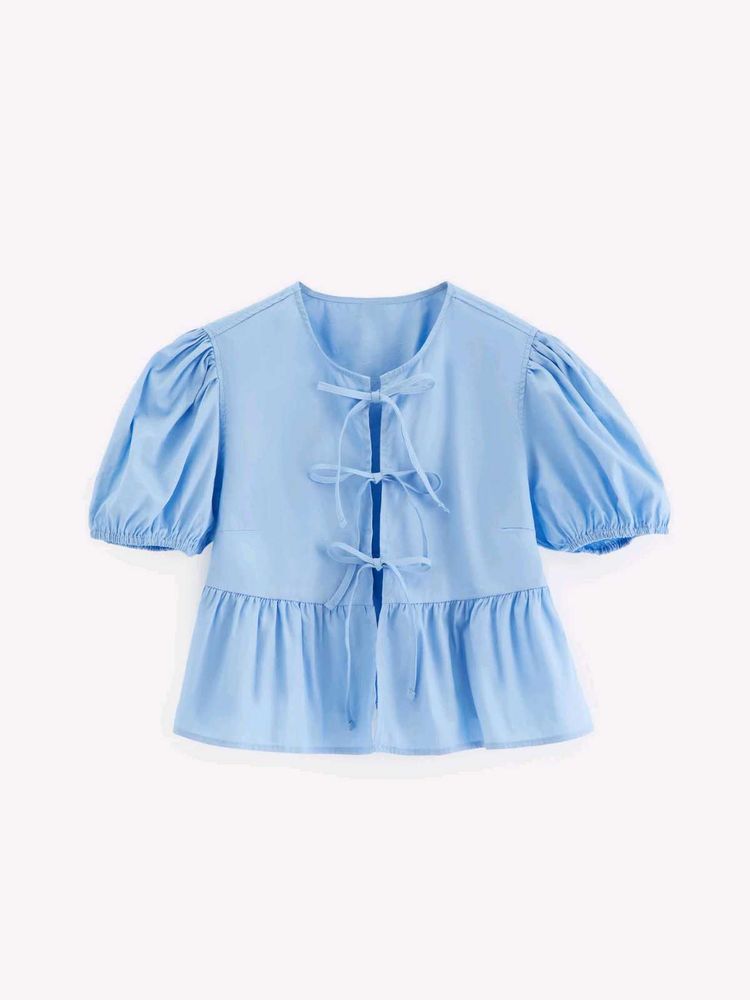 Chic Blue Puff Sleeve Peplum Top